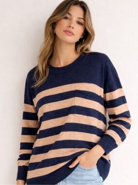 Madewell trendy Striped Knit Sweater Navy Beige Size XL Crewneck Lightweight